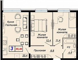 3-комнатная квартира 55.4 м2 ЖК «Чайные холмы»