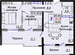 3-комнатная квартира 67.3 м2 ЖК «Чайные холмы»